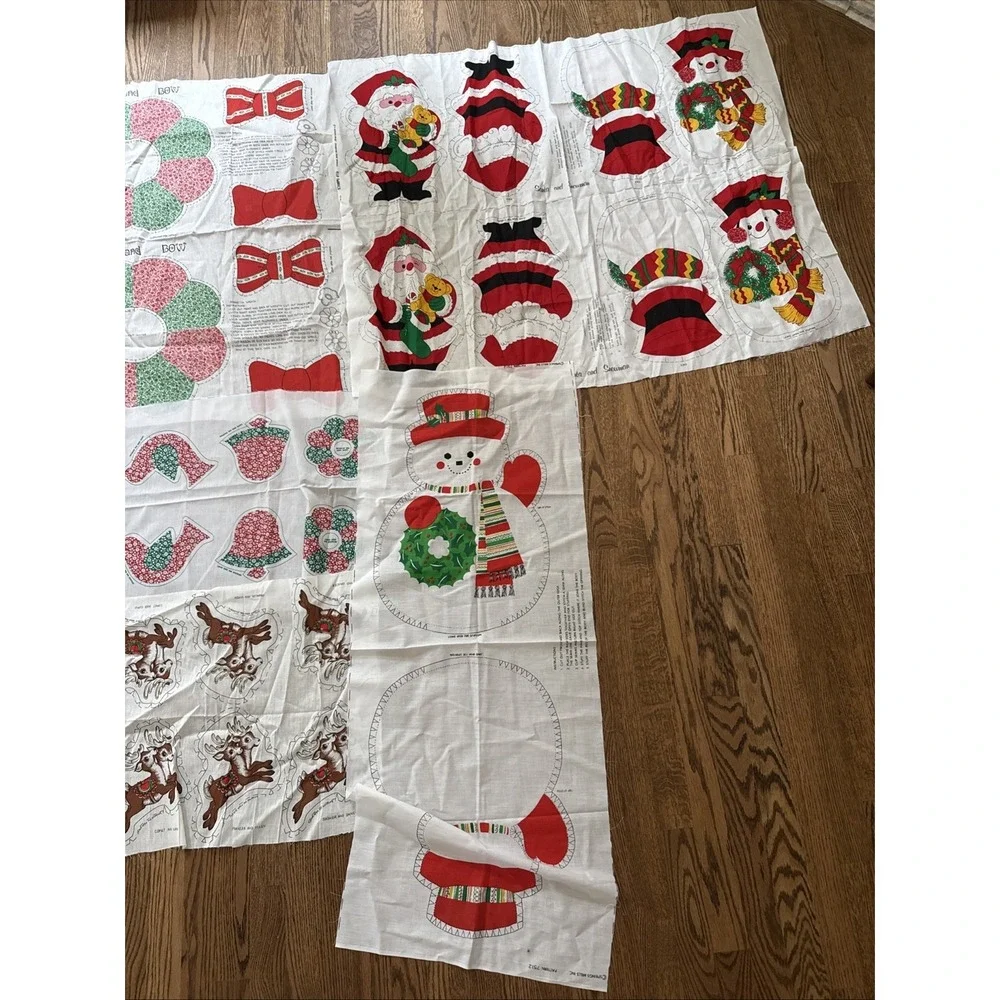 Vintage Set Of 7 Christmas Wreath Ornaments Snowman Cut & Sew Cotton Panels